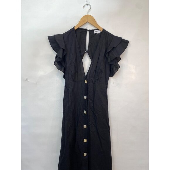 Charlie Holiday Women's Cherry Black Linen Flutter Sleeve Midi Dress Size 6 - Picture 3 of 8
